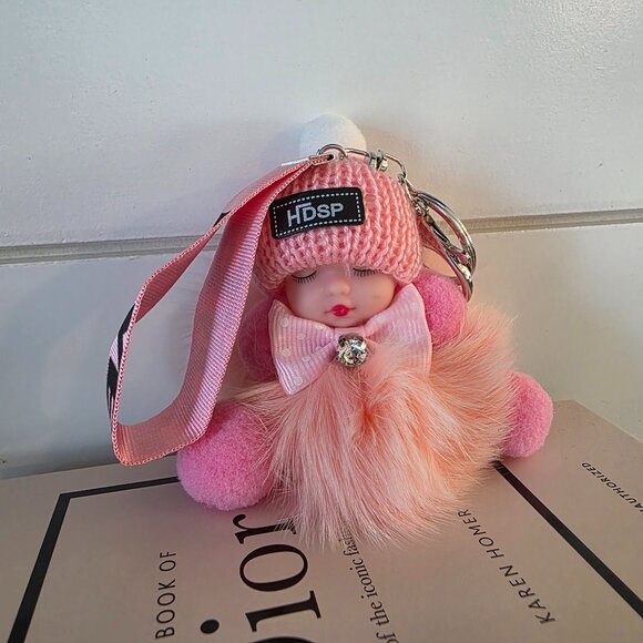 Cute Baby Sleeping Keychain with LOVE tag, Plush rabbit fur, Bag Charm - Picture 3 of 6